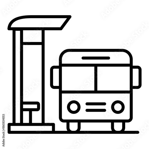 Bus station icon, symbolizing public transit hub, passenger waiting area, and urban transportation infrastructure with seating and parked bus.