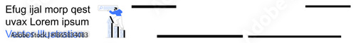 Business strategy, analytics, data trends, growth planning, future vision, market analysis. A person with a telescope stands near upward trending graph. Business strategy and analytics concept