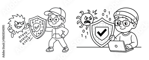 Young boy defends against digital threats with shield and computer