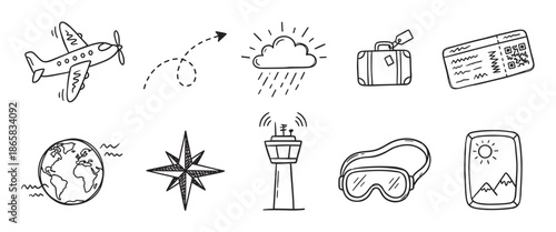 Hand drawn travel and aviation icon collection featuring a doodle airplane, globe, boarding pass, suitcase, and compass rose in a simple black and white sketch style