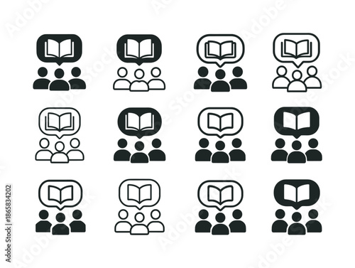 Book Club Logos. A group of friends discussing a book in a book club meeting. Icon set. Set Logo of a group of friends discussing a book in a book club