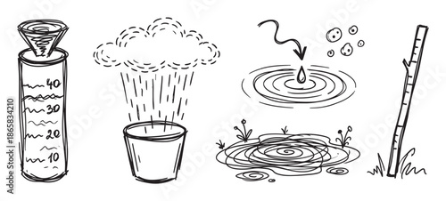 Hand-drawn sketch set of rain measurement icons showing a rain gauge, cloud, puddle, and raindrop in a simple black and white doodle illustration style