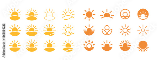 Collection of sun and sunrise icons in various styles and colors