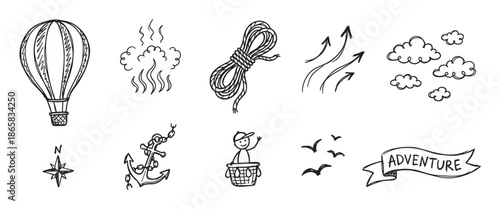Hand-drawn black and white adventure doodle set with a hot air balloon, anchor, compass, clouds, and rope in a charming, sketchy illustration style for travel concepts
