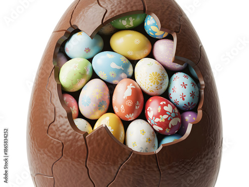 Easter sunday chocolate egg filled with colorful easter eggs isolated on transparent background