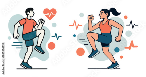 Fitness exercise routine with young caucasian male and female illustrations