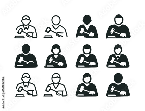 Judicial Emblem Icons. Judge in Robes Delivering Verdict. Icon set. Set Logo of Judge in Robes Delivering Verdict: judge?s hand holding gavel above block.