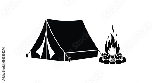 a simple illustration showcasing a tent pitched near a crackling campfire presented in a black silhouette