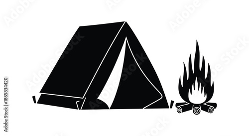 A minimalistic depiction of a camping tent with a roaring campfire presented as a striking silhouette