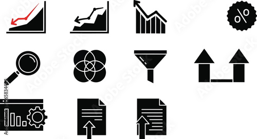 Financial icons depicting graphs, charts, and money with percentage signs and arrows indicating growth and decline in business 