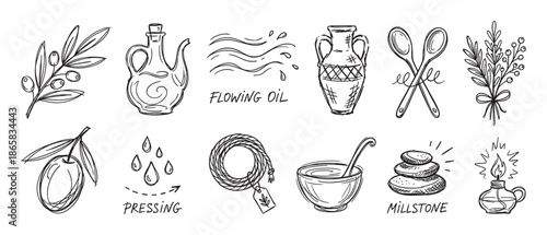 Hand-drawn sketch illustration set of olive oil production elements including a branch, bottle, amphora, lamp, and millstone in a black and white doodle style vector collection