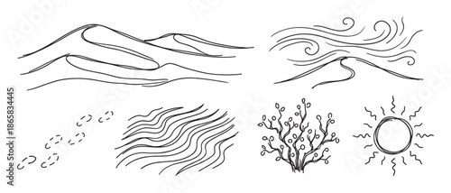 Hand-drawn black and white desert doodle set featuring sand dunes, swirling wind, footprints, a dry bush, and a stylized sun, illustrated in a simple sketch style