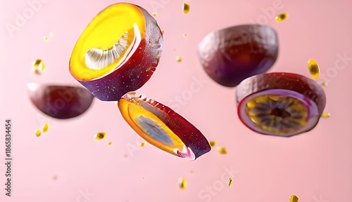 Fresh Passion Fruit Halves And Whole Fruit Mid Air Against Soft Pink Background With Tiny Yellow Seeds Floating Around