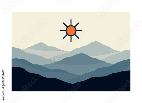 Monochrome Layered Landscape. Subtle depth. A monochrome landscape rises in stacked layers; soft light highlights each ridge. A lone symbol hovers above.