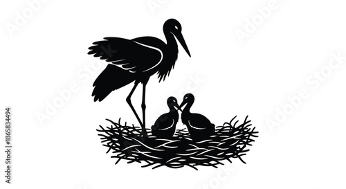 A serene depiction of a stork standing guard over a nest with two chicks a striking silhouette