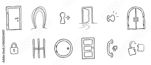 Hand drawn doodle door and lock icon set with various entry and security symbols like keyholes, padlocks, and handles in a simple black and white sketch style collection