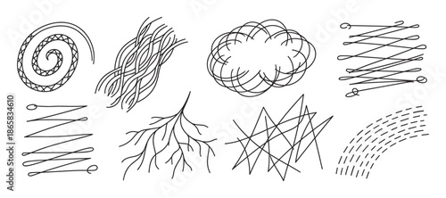 Collection of eight hand-drawn abstract line art shapes and textures in a minimalist doodle style, featuring a spiral, tangled lines, a cloud scribble, and chaotic patterns