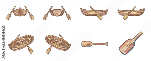 Collection of hand-drawn wooden rowboats and oars shown from various angles in a rustic, sketchy illustration style, perfect for nautical or adventure-themed designs