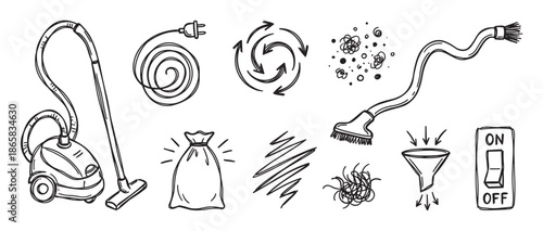 Hand-drawn vacuum cleaner and cleaning icons set in a sketchy doodle style showing the appliance, hose, dust bag, power cord, and dirt particles for a household chore concept