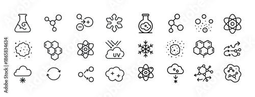 Set of science line icons: molecules, atoms, chemical reactions, snowflake, uv, cloud patterns