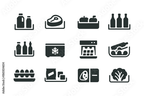 Refrigerated Icons Grid. Refrigerated sections. Solid icon set of Refrigerated sections: dairy shelf, meat bin, produce drawer, beverage shelf, condiment door