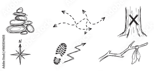 Hand drawn black and white sketch icons for hiking, survival, and navigation concepts, featuring a cairn, compass, boot print, trail markers, and arrows showing a path