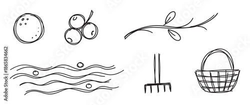 Set of hand-drawn farming and nature icons including a basket, rake, berries, branch, water, and fruit in a simple black and white doodle sketch style illustration