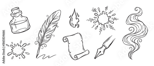Hand drawn vintage writing and calligraphy elements set with a quill pen, inkwell, scroll, fountain pen nib, and ink splats in a black and white doodle style