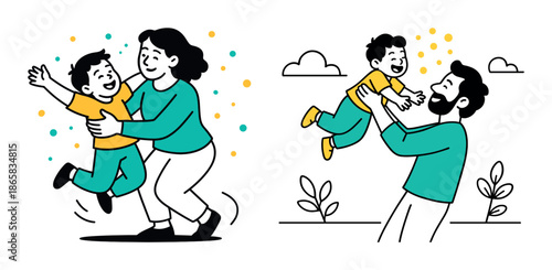 Happy family moments: caucasian mother and father playing with child