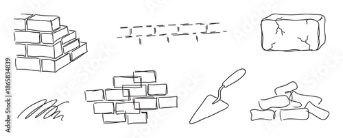 Collection of hand-drawn construction sketches featuring bricks, a trowel, and masonry elements in a simple black and white minimalist doodle style for building concepts