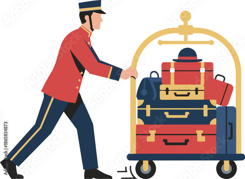 Bellhop Pushing Luggage Cart with Suitcases in Hotel Illustration
