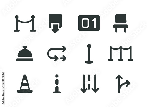 Queue Management Icons. Queue management. Solid icon set of Queue management: rope barrier, ticket dispenser, number display, waiting chair, counter bell,
