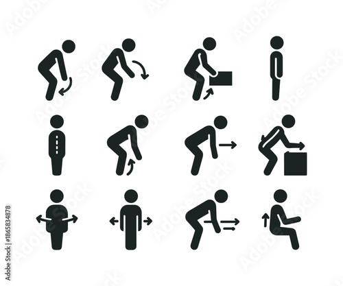 Body Mechanics Icons. Body mechanics alignment. Solid icon set of body mechanics alignment: hinge motion icon, bending technique, lifting technique, torso