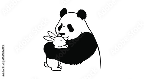 a heartwarming depiction of a panda gently embracing a small white rabbit in a comforting pose silhouette