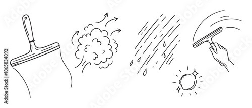Set of hand-drawn window cleaning icons showing a squeegee, a hand wiping glass, water drops, steam, and a sparkle for a clean surface in a simple black and white doodle style