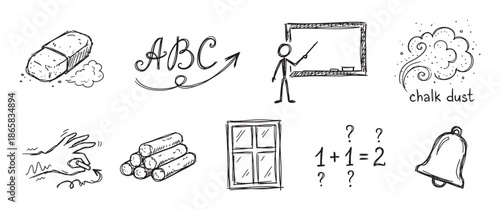 Hand-drawn school and education doodle icons set featuring a blackboard, chalk, eraser, bell, and alphabet letters in a simple sketch style