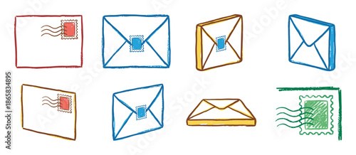Colorful hand-drawn collection of illustrated envelopes and postage stamps in a charming doodle style, showcasing various perspectives and simple, bold linework for a retro feel