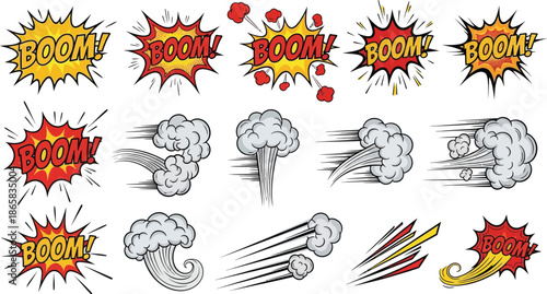 Explosion bomb icon set. Cartoon vector collection of colorful boom and bang effects. Comic blast designs. Dynamite detonation, smoke cloud, and fire burst illustration.
