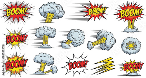 Explosion bomb icon set. Cartoon vector collection of colorful boom and bang effects. Comic blast designs. Dynamite detonation, smoke cloud, and fire burst illustration.
