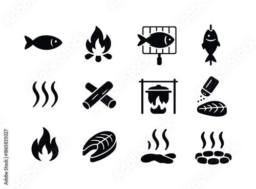 Outdoor Fish Cooking Icons. Cooking fish on open fire. Solid icon set of Cooking fish on open fire: whole fish, campfire, grilling rack, skewer with fish,