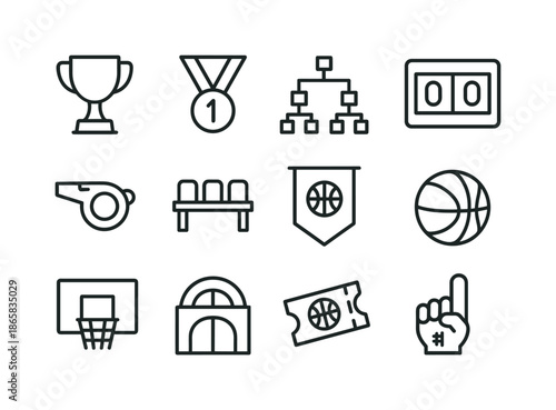 Basketball Tournament Icons. Basketball tournament. Line icon set of basketball tournament: trophy, medal, bracket chart, scoreboard, referee whistle, team
