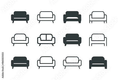 Minimalist Room Design Icons. Designing a minimalist room. Icon set. Set Logo of designing a minimalist room: simple sofa silhouette. harmonious logo