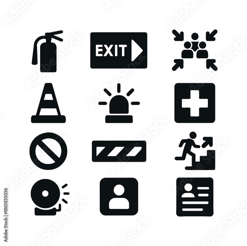 Safety Icon Set. Safety procedures. Solid icon set of safety procedures: fire extinguisher, exit sign, assembly point, hazard cone, warning siren, first aid