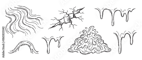 Set of hand-drawn doodle elements including a cracked surface, dripping slime, wavy lines, and a splash of liquid in a black and white sketch style illustration collection