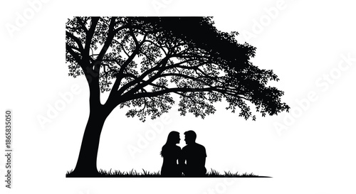 a romantic scene unfolds beneath a majestic tree featuring a couple in a striking silhouette