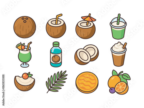 Colorful Coconut Icons. Coconut drink. Colorful isometric vector icons set of coconut drink: fresh coconut shell, coconut with straw, coconut with umbrella,