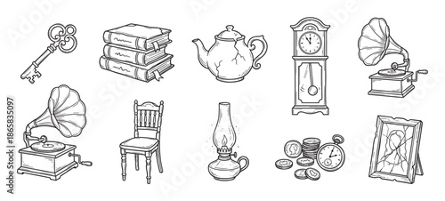 Hand-drawn collection of vintage antique objects including a gramophone, grandfather clock, old books, teapot, and key, rendered in a black and white sketch illustration style