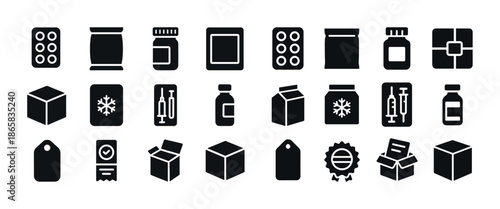 Black and white icons of medicine packaging and pharmaceutical items