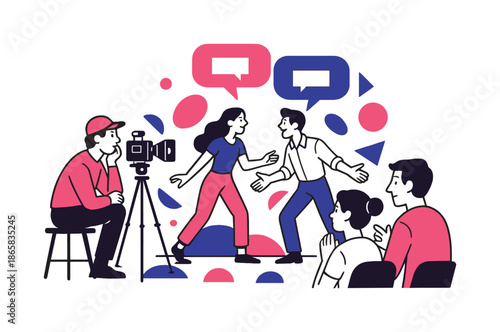 Theatrical Scene Rehearsal. Scene rehearsal. Actors practice a scene while the crew watches intently, floating geometric speech bubbles indicate line delivery.
