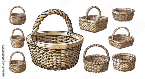 An assortment of vintage style woven baskets in varying sizes and shapes
